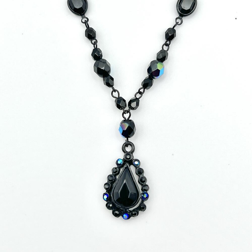 Robert Rose Beaded Pendant Necklace Black Aurora Borealis Teardrop AB Whimsigoth